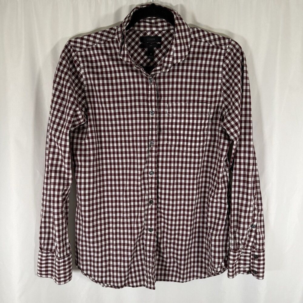 J. Crew Blouse Women's 4 Boy Red White Plaid Button Up Long Sleeve 100% Cotton
